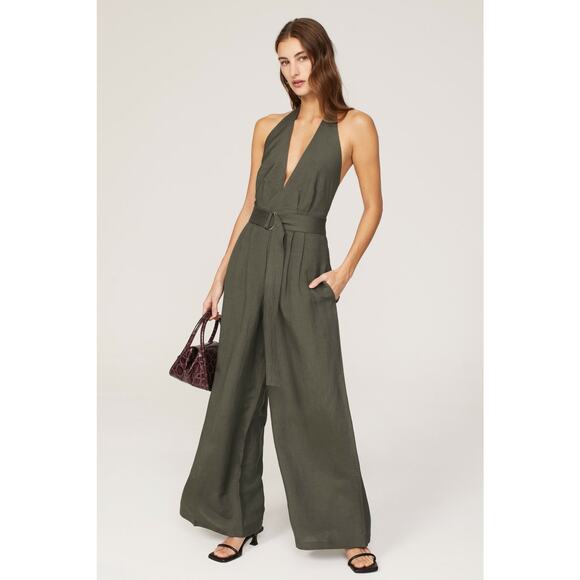 Adam Lippes Sage Green Linen Wide Leg Plunge Halter Open Back Jumpsuit Size 4 - Picture 1 of 15